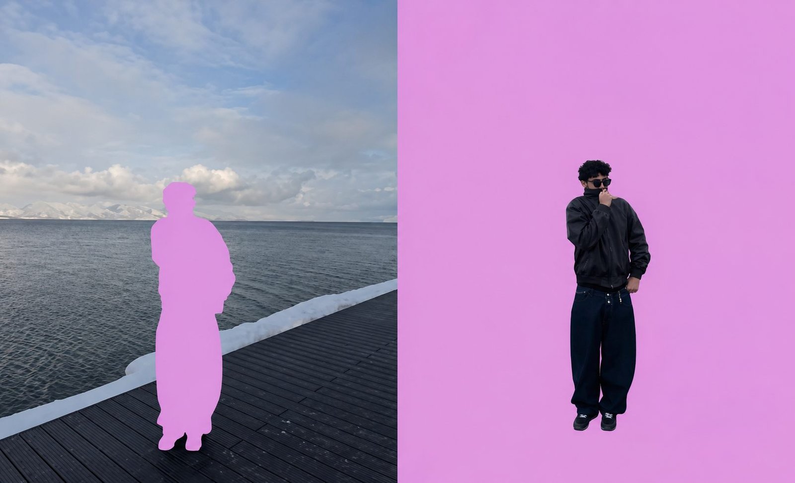 A figure against a flat pink studio backdrop
