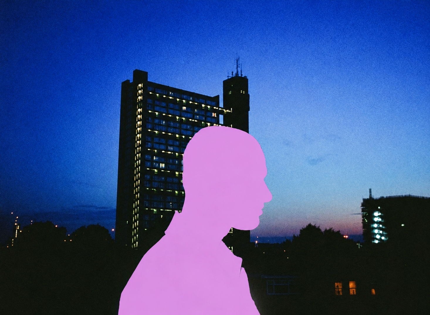 A city skyline at dusk
